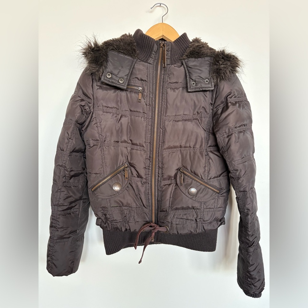 Women’s Vintage Brown Puffer Jacket with Faux Fur Lined Hood, Size M